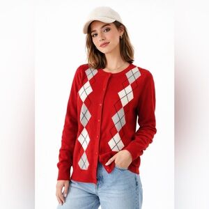 Croft & Barrow Red Argyle Cardigan Sweater Preppy Retro Valentines Day Sz XL